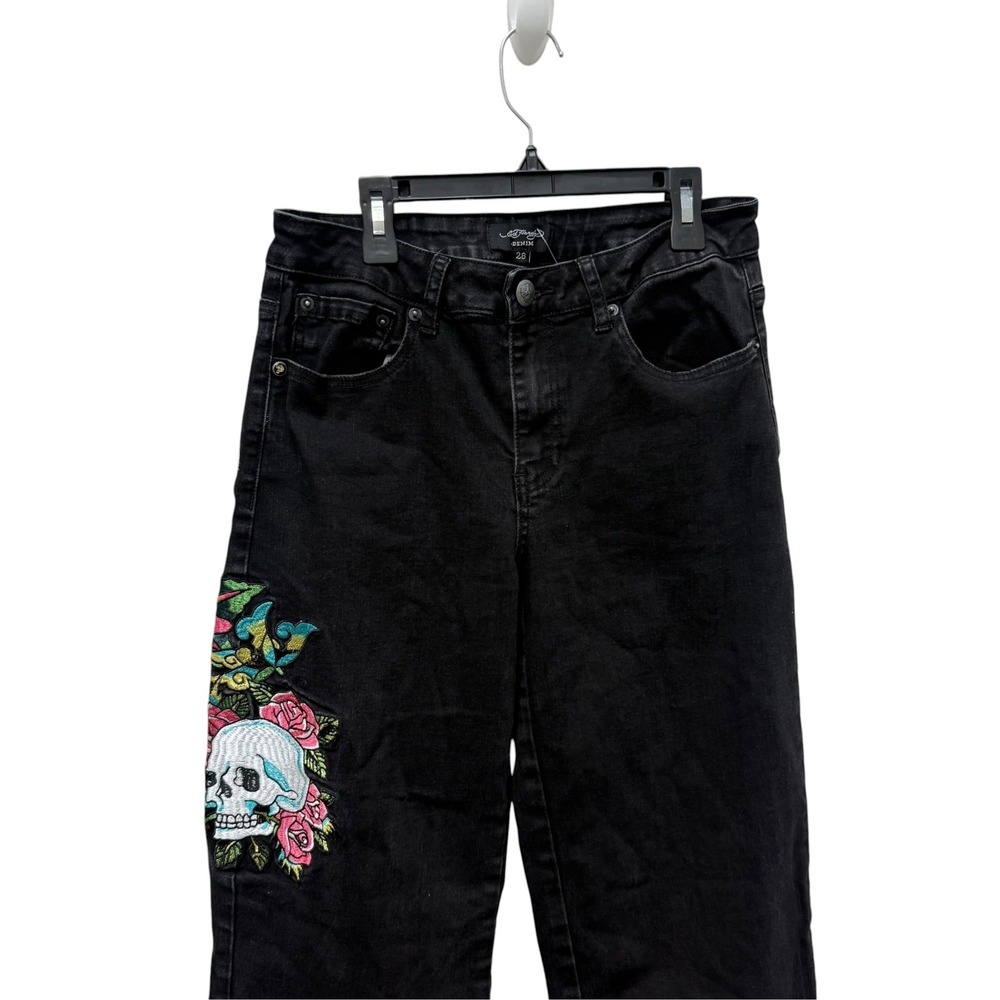 Ed Hardy Womens Black Wide Leg Jeans Skull Rose Embroidery Y2K 29 Waist - Picture 12 of 13